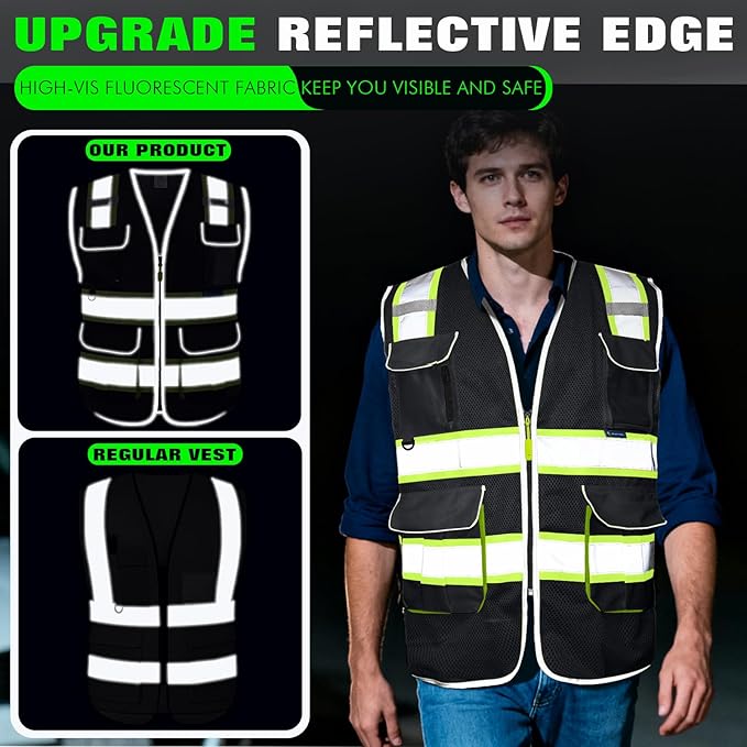 BeautyWill Custom Logo 10 Pockets Safety Vest Class2 ANSI Certified High Visibility Reflective Vest