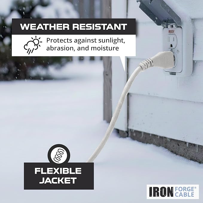 Iron Forge Cable Weatherproof 10 Ft Outdoor Extension Cord - 16/3 SJTW Heavy Duty Light Brown Extension Cord 3 Prong - 13 Amp Exterior Power Cable