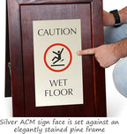 SmartSign (2-Pack) Premium 'Caution Wet Floor' Wooden A-Frame Standing Floor Sign with Symbol, 2-Sided, 24" x 15", Hardwood Pine Frame, 120 mil Silver ACM Sign, Black on Silver, Made in USA