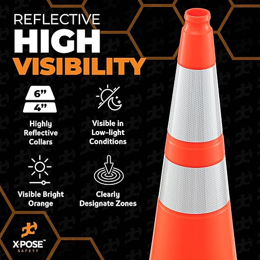 Xpose Safety 36 Inch Orange Traffic Cones Heavy Duty 12lb with 6" & 4" Collars, 8 Pack - Multipurpose PVC Plastic Safety Cone for Parking, Soccer, Caution, Kids and Construction - DOT Approved