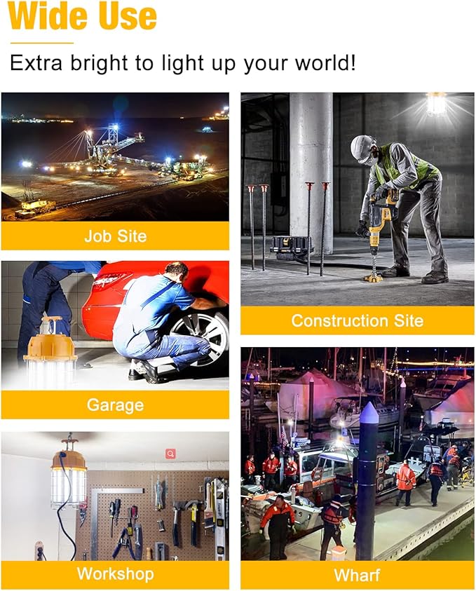 LED Temporary Work Light 60W, LED Construction Lights 7,200lm 5000K Daylight, Stainless Steel Guard Portable Hanging Work Lighting Workshop Jobsite Light Outdoor