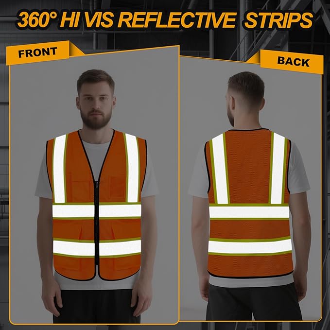 Safety Vest for Men Women 5 Pockets High Visibility Vest with Reflective Strips, Hi Vis Vest with Mesh Fabric, Breathable, (GR720-Orange,L).
