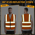 Safety Vest for Men Women 5 Pockets High Visibility Vest with Reflective Strips, Hi Vis Vest with Mesh Fabric, Breathable, (GR720-Orange,L).