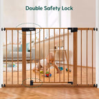 BABELIO 29-48" Metal Baby Gate with Brown Wood Pattern, Auto Close Dog Gate PressGuard P7 for The House, Stairs and Doorways, Pressure Mounted Pet Gate with Door, Safety Gate for Child and Pets