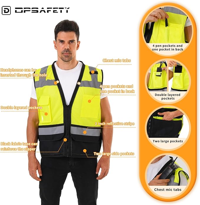 Reflective Safety vest With back plan pocket,High visibility Class 2 Heavy Duty Surveyor Vest with Zipper,Hi Vis Construction Work Vest for Men＆Women ANSI/ISEA(Yellow-Bottom,M)