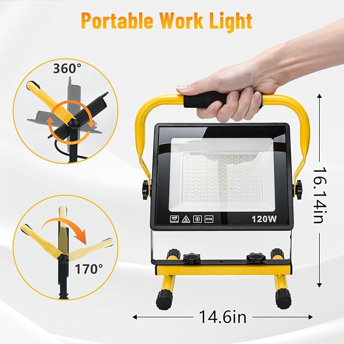 120W Led Work Light, 12000LM Portable Work Light with 16.4FT Cord, 6500K IP66 Waterproof Flood Lights for Outdoor Indoor Job Site Workshop Flood Lights, Gifts for Him