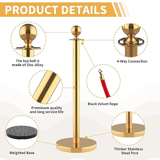 8Pcs Stainless Steel Stanchion Posts with 5ft Red Velvet Ropes - Crowd Control Barriers & Queue Line Kit with 26ft Red Carpet for Wedding, Party, Theater Supplies