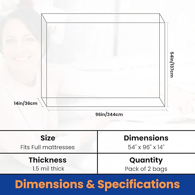 VICMORE 2 Pack Full Mattress Bags for Moving, Storage & Disposal – Clear Heavy-Duty Plastic Covers, Tear-Resistant & Dustproof, Recyclable (Fits Full/Double Beds)