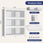 150GAL Storage Bins with Lid and Wheels, Stackable Closet Organizers and Storage Drawer, Collapsible Storages Box with Dividers, Foldable Plastic Cabinet for Room, Kitchen, 3 Pack White