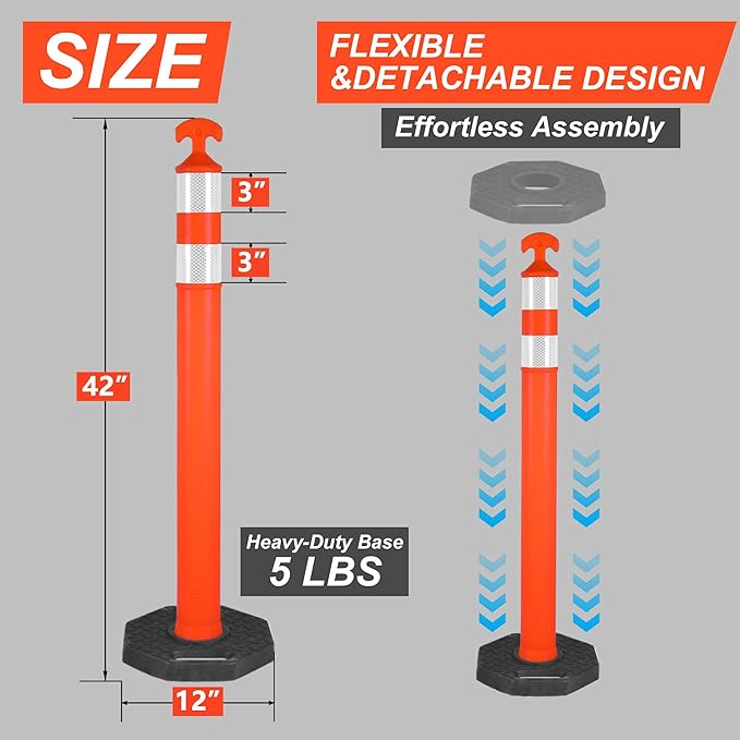 42" Traffic Delineator Posts,6 Pack Orange Safety Cones with Reflective Collars and Weighted Base for Road Safety, Parking Lots