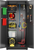 71.37" H Broom Closet Storage Cabinet with Towel Hangles and Adjustable Shelves,Metal Tool Cabinets with Pegboard and Hooks for Garage Laundry Room Home Office,Required Assembly,Black