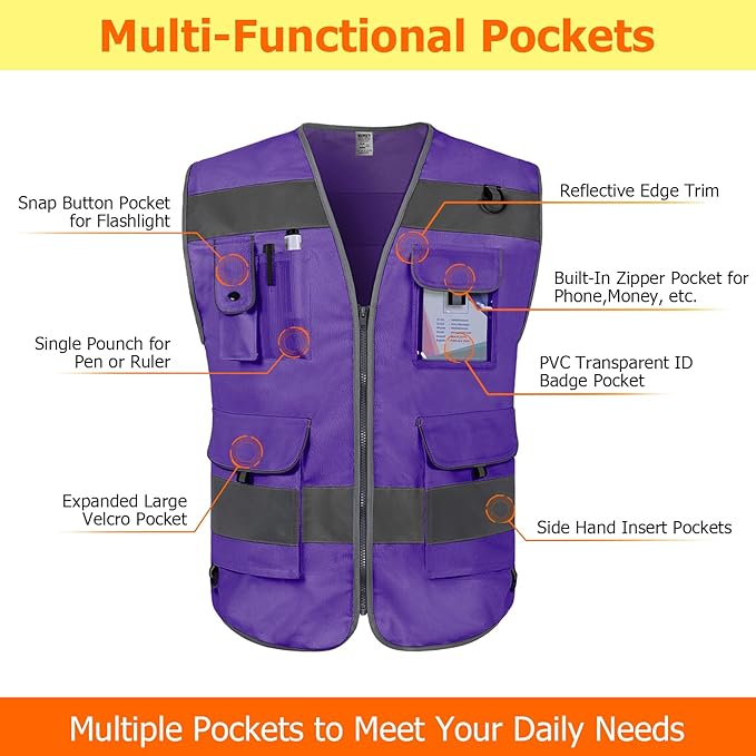 TCCFCCT Reflective Safety Vest 9 Pockets High Visibility Vest for Men Women, Hi Vis Construction Work Vest with Reinforced Sewing, Durable to Use, Meets ANSI/ISEA Standards, (Purple, 5X-Large)