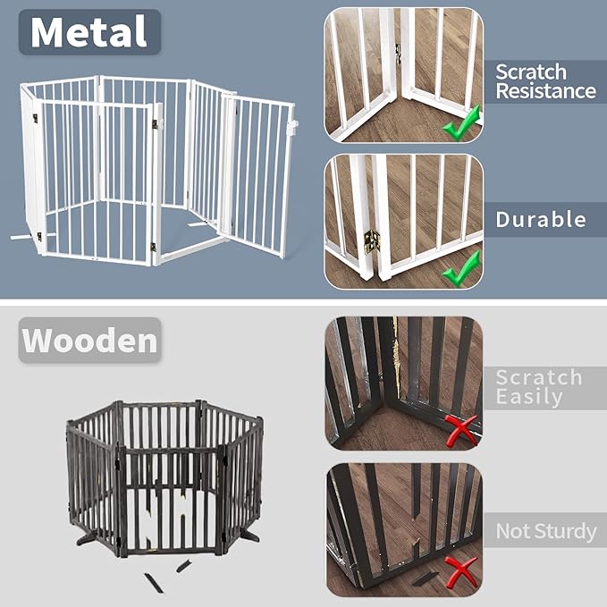 Metal Freestanding Dog Gates with Door for Outdoor Indoor,80'' Extra Wide 24'' Tall Free Standing Dog Gate for Doorways,Large Openings,Deck,Yard,Porch,Foldable Safety Pet Fence(White,4 Panels)