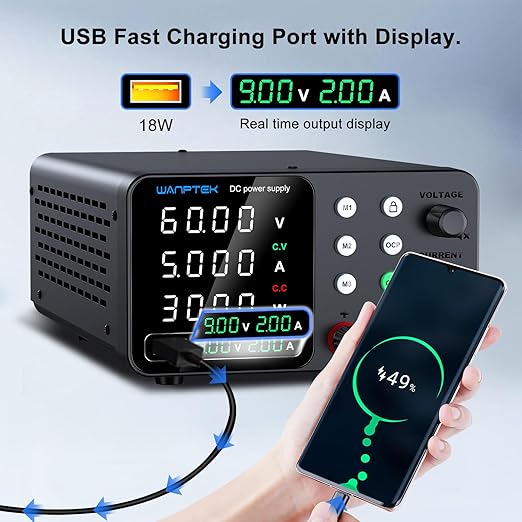 DC Power Supply Variable, 60V 5A Adjustable Switching Regulated Bench Power Supplies with Memory Preset/Locking Key/OCP Protection/Output/USB Fast Charging /4-Digit LED Display