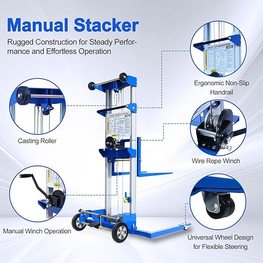 70" 500lbs Material Lift Winch Stacker, Hand Winch Lift Truck with Adjustable Straddle Leg, Manual Material Lifter Pallet Stacker for Contractor, Workshop, Industrial, 42.90" L x 43.30" W