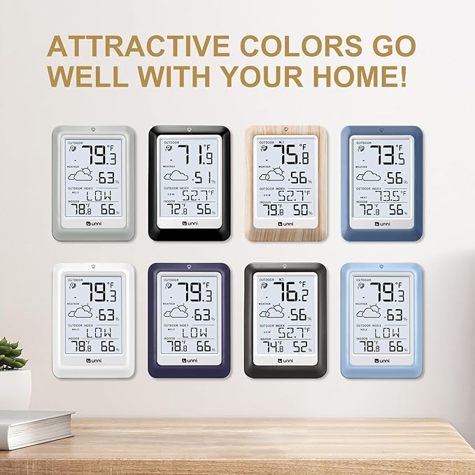 Indoor Outdoor Thermometer Wireless Weather Station, Temperature Humidity Monitor Battery Powered Inside Outside Thermometers with 330ft Range Remote Sensor and Backlight Display (Purple)
