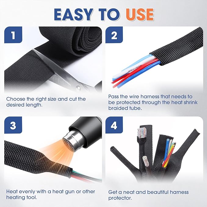 2:1 Heat shrinkable Braided Sleeving Fabric Wire Loom High Temp Heat Shrink Wiring Harness Abrasion Protector Cable Sleeve(3/8"-48ft)