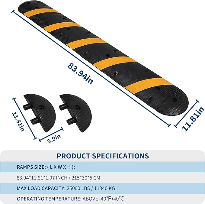 1 Pack 6FT Speed Bumps for Road, Heavy Duty 25,000 Lbs Capacity Traffic Rubber Speed Humps with 2 Channel Floor Cord Cover for Asphalt Concrete Gravel Driveway Road Cable Protector Ramp