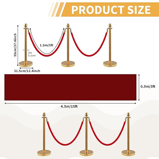 12Pcs Stainless Steel Stanchion Posts with 5ft Red Velvet Ropes - Crowd Control Barriers & Queue Line Kit with 26ft Red Carpet for Wedding, Party, Theater Supplies