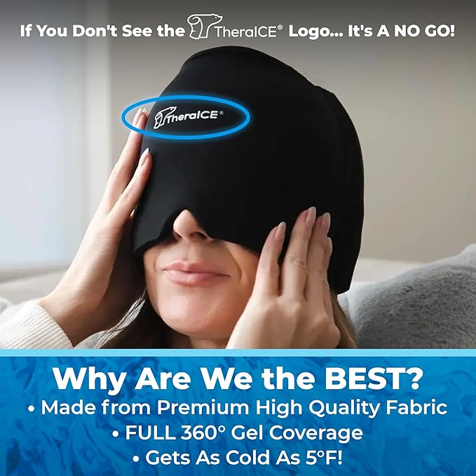 TheraICE Migraine Relief Cap PRO, Headache Relief Cap, Ice Face Mask, Cold Compress Head Wrap for Tension Headache Relief, Stress & Hangover, FocusZone Technology Provides Extra Cooling & Pressure