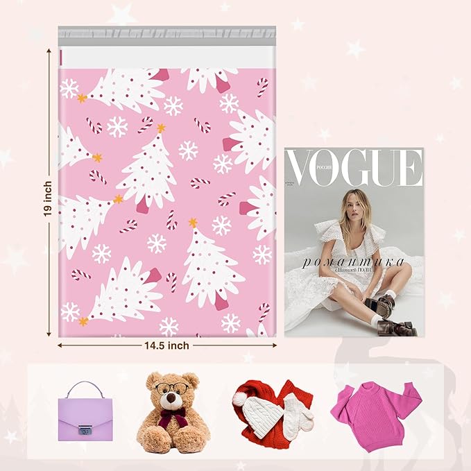 Metronic Christmas Poly Mailers 14.5x19" 50 Pack, Pink Christmas Tree Large Shipping Bags for Clothes, Cute Snowflake Shipping Envelopes Mailers Poly Bags with Self Seal for Small Business