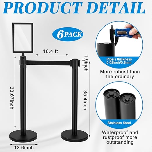 Geelin 6 Pack 16 ft Heavy Duty Crowd Control Stanchions Stainless Steel Stanchion Set with 6 Safety Barrier Post with Retractable Belt and 1 Sign Holder Crowd Control Barrier(Black)