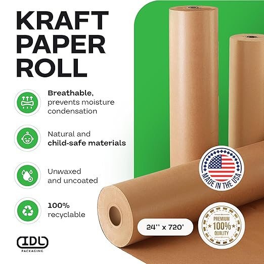IDL Packaging 24" x 8640" (720 feet) - Kraft Paper Roll - 50lb Thickness - Natural Brown Kraft Wrapping Paper for Packing - Perfect Kraft Paper for Void Filling & Heavy Duty
