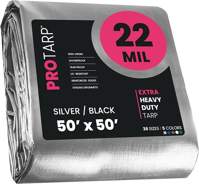 PROTARP Extreme Heavy Duty 22 Mil Tarp Cover, Waterproof, UV Resistant, Rip and Tear Proof, Poly Tarpaulin with Reinforced Edges for Roof, Camping, Patio, Pool, Boat. (Silver/Black 50′ X 50′)
