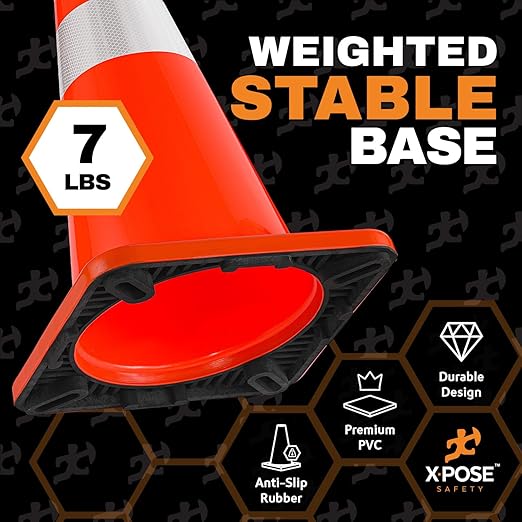 Xpose Safety 28 Inch Orange Traffic Cones with 6" & 4" Collars, 4-Pack - Multipurpose PVC Plastic Safety Cone for Parking, Soccer, Caution, Kids and Construction - DOT Approved