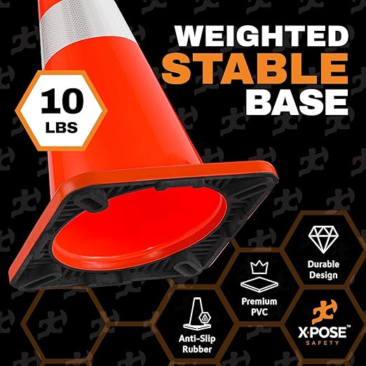 Xpose Safety 28 Inch Orange Traffic Cones Heavy Duty 10lb with 6" & 4" Collars - Bulk Half Pallet 150 Pack - Multipurpose PVC Plastic Safety Cone for Parking, Caution & Construction - DOT Approved