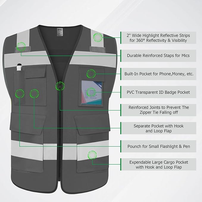 TCCFCCT Reflective Safety Vest with 5 Pockets High Visibility Vest for Men Women, Work Vest with Horizontal Strip for Walkie-talkie and ID Card, Meets ANSI/ISEA Standards, Grey, 4XL