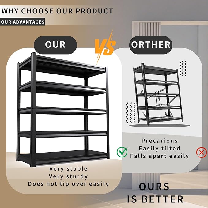 72" H Garage Shelving Heavy Duty Storage Shelves Adjustable Garage Shelves 5 Tier Metal Shelving Unit Utility Rack Shelf for Storage Kitchen Warehouse Pantry, Black (72 "H x 35.4 "W x 15.7" D)