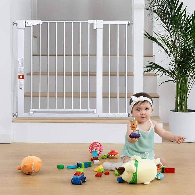 COMOMY 30" Tall Baby Gate for Stairs Doorways, Fits Openings 29.5" to 40.5" Wide, Auto Close Extra Wide Dog Gate for House, Pressure Mounted Easy Walk Through Pet Gate with Door, White