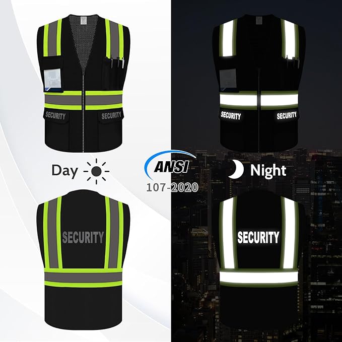 Security Vest for Men Women, Reflective Safety Vest with Pockets, Hi Vis Work Wear with Zipper, High Visibility Apparel, ANSI Compliant, Black, 5XL