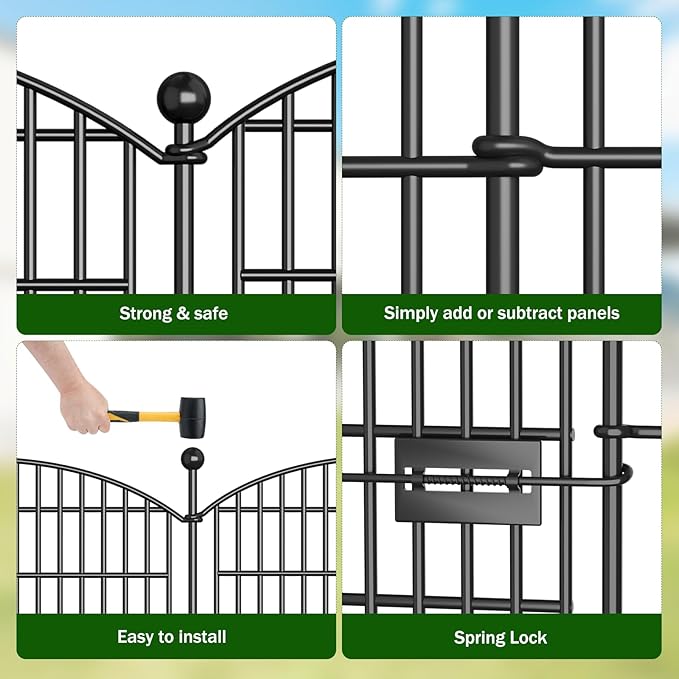 8 Panels No Dig Decorative Garden Fence with Gate - 48 in (H) x 20.8 ft (L), Dog Fence Outdoor for Yard, Rustproof Metal Animal Barrier Ground Stakes Fencing for Garden, Patio, Flower Bed