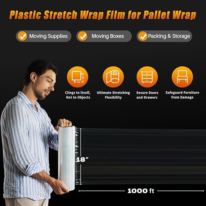 18 inch Stretch Film Shrink Wrap for Moving Supplies, 4 Pack Industrial Strength Stretch Plastic Wrap Roll for Pallet Wrapping Shipping Moving Boxes Storage Furniture,1000ft, Clear