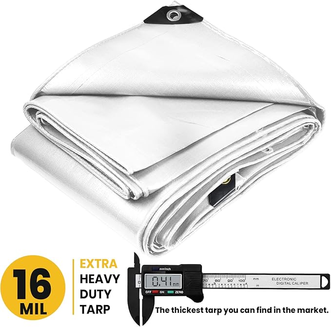 PROTARP Extra Heavy Duty 16 Mil Tarp Cover, Waterproof, UV Resistant, Rip and Tear Proof, Poly Tarpaulin with Reinforced Edges for Roof, Camping, Patio, Pool, Boat. (White 25′ X 45′)