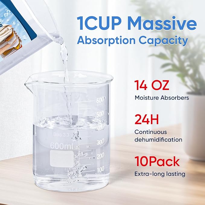 10 Pack Moisture Absorbers, 14 OZ Humidity Absorber Bucket, Moisture Absorbers for Closet, Dehumidifier Bucket for Wardrobes, Kitchens and Bathrooms, Fragrance Free Humidity Absorber