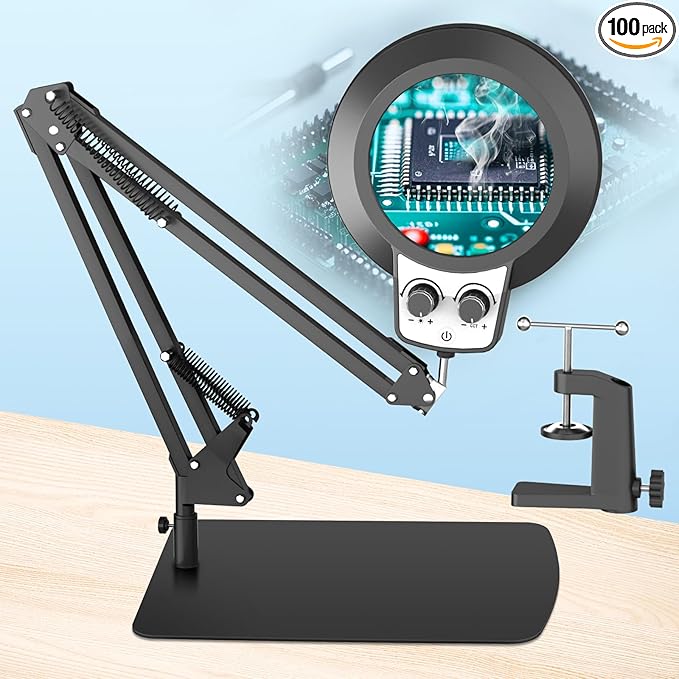 HITTI 12X Magnifying Glass with Light, 2025 New Upgrade Infinite Color and Stepless Dimming Desk Large Lamp & Clamp, 2-in-1 LED Hands Free Lighted Magnifier Stand for Crafting Hobby Soldering Reading