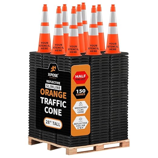 Xpose Safety 28" Orange Traffic Cones with 6" & 4" Collars, Bulk Half Pallet 150-Pack – PVC Safety Cones for Parking, Soccer, Construction, Kids & Caution – DOT Approved – Optional Stencil Available