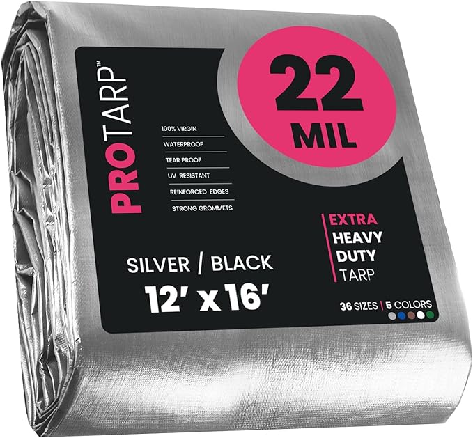 PROTARP Extreme Heavy Duty 22 Mil Tarp Cover, Waterproof, UV Resistant, Rip and Tear Proof, Poly Tarpaulin with Reinforced Edges for Roof, Camping, Patio, Pool, Boat. (Silver/Black 12′ X 16′)