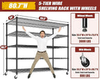 PrimeZone 5 Tier 80.7" Hx55.5 Wx24 D Wire Shelving with Wheels 3000lbs NSF Certified Storage Shelves Heavy Duty Metal Shelf Adjustable Rolling Rack Commercial Garage Restaurant Warehouse Kitchen 3Pcs