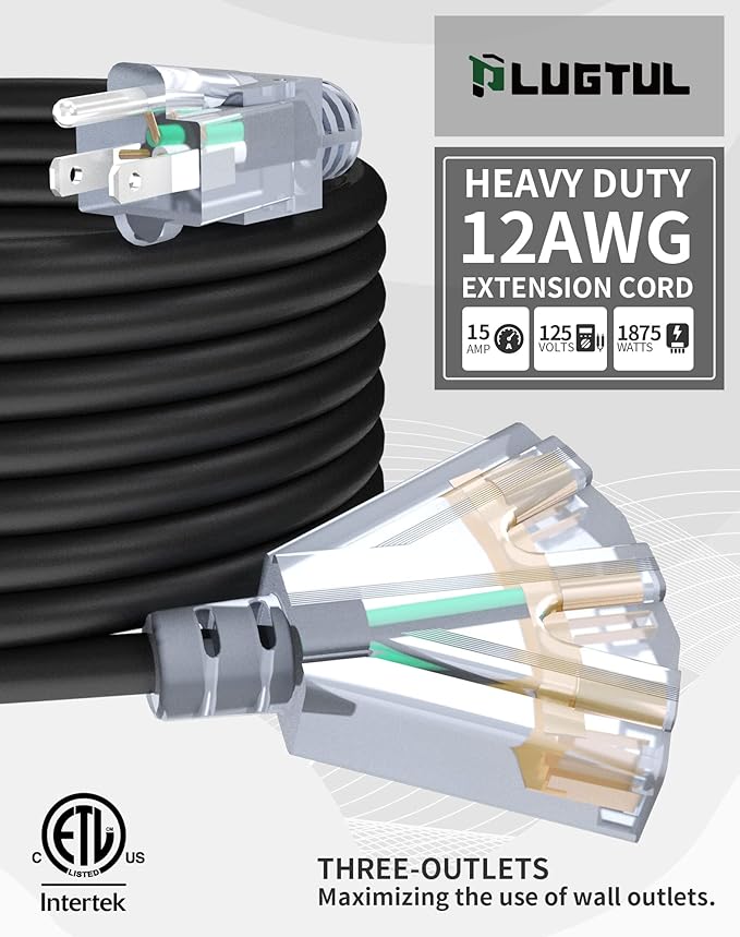 10Ft 12 Gauge Outdoor Extension Cord with 3-Outlets, Heavy Duty 3 Prong Extension Cord Waterproof with Lighted end, 15A SJTW, ETL Listed, Black