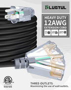 100Ft 12/3 Outdoor Extension Cord with 3-Outlets, Heavy Duty 12 Gauge 3 Prong Extension Cord Waterproof with Lighted end, 15A 12AWG 1875W SJTW, ETL Listed - Great for Garage, Garden and Home, Black