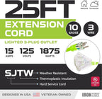 Iron Forge Cable 3 Outlet 10 Gauge Extension Cord 25 ft, 10/3 Heavy Duty Extension Cord with Multiple Plugs 3 Prong, SJTW Weatherproof Outdoor Power Cable Multi Outlets for Major Appliances