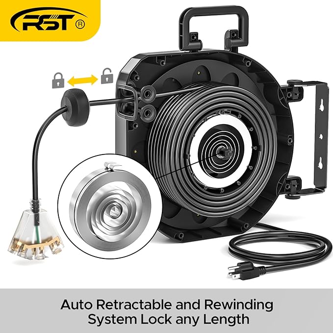 CRST 50 FT Retractable Extension Cord Reel, 14AWG/3C SJTOW Heavy Duty Power Cord with 3 Grounded Outlets Lighted Triple Tap, 13A Circuit Breaker, 180° Swivel Bracket, ETL Listed