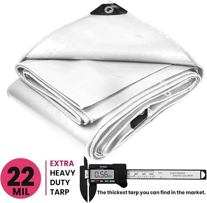 PROTARP Extreme Heavy Duty 22 Mil Tarp Cover, Waterproof, UV Resistant, Rip and Tear Proof, Poly Tarpaulin with Reinforced Edges for Roof, Camping, Patio, Pool, Boat. (White 12′ X 20′)