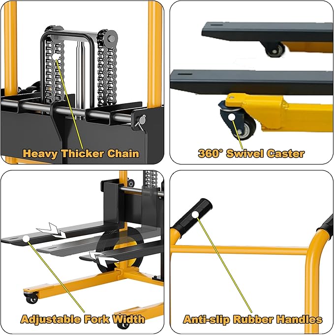 Foldable Material Lift Winch Stacker, 450LBS 36" Pallet Stacker, 2-in-1 Hand Truck Fork Lift Table Cart, Removable Platform, Adjustable Forks, Foot Pump, for Warehouse Garage Workshop