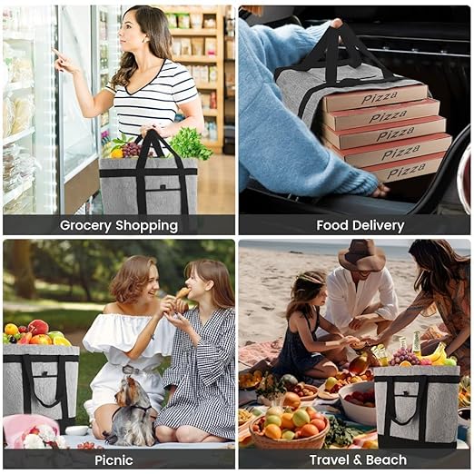 Insulated Reusable Tote Bag for Grocery Shopping for Women/Men, Waterproof Cooler Bags for Travel/Beach/Picnic, Pizza/Food Delivery Bag to Keep Food Cold/Hot (Cationic Cloth, Grey，2-Pack)
