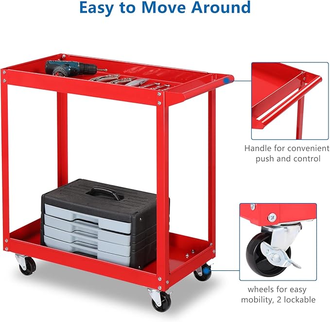 TUFFIOM 2 Tier Rolling Tool Cart on Wheels w/2 Brake, 220 LBS Capacity Heavy Duty Commercial Utility Tool Service Cart, Tool Organizer for Mechanic,Garage,Workshop,Warehouse & Repair Shop